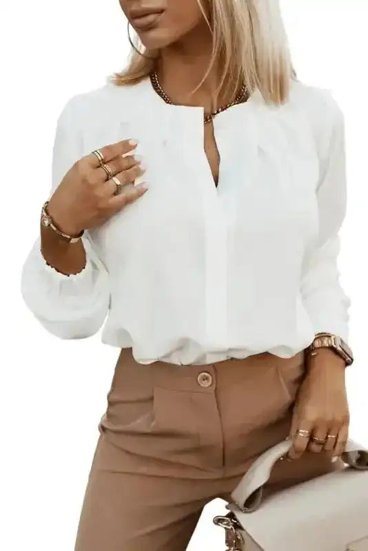 Pleated Neck Stretch Cuff Shirt