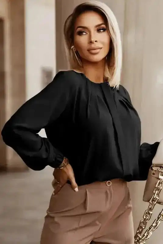 Pleated Neck Stretch Cuff Shirt