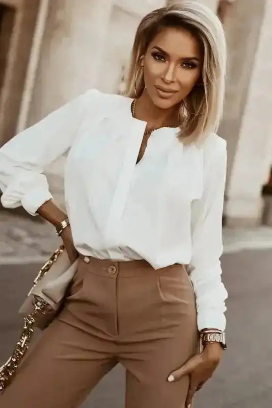 Pleated Neck Stretch Cuff Shirt