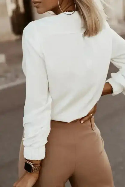 Pleated Neck Stretch Cuff Shirt