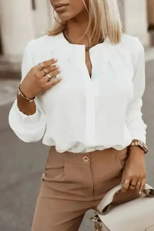 Pleated Neck Stretch Cuff Shirt