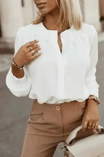 Pleated Neck Stretch Cuff Shirt