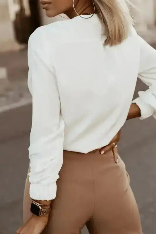Pleated Neck Stretch Cuff Shirt