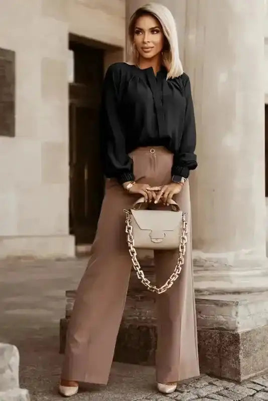 Pleated Neck Stretch Cuff Shirt