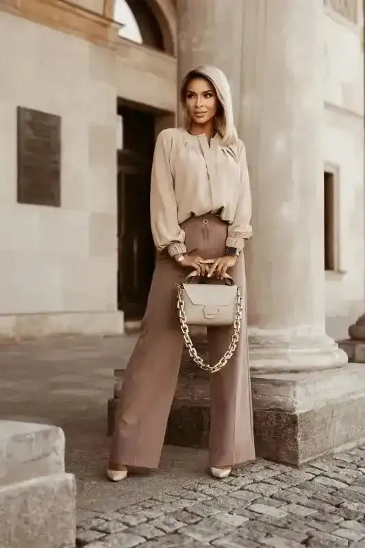 Pleated Neck Stretch Cuff Shirt