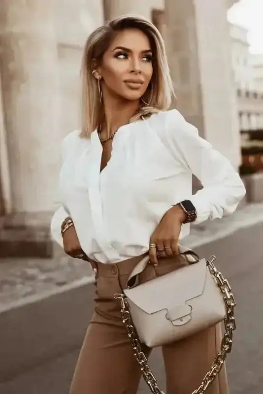 Pleated Neck Stretch Cuff Shirt