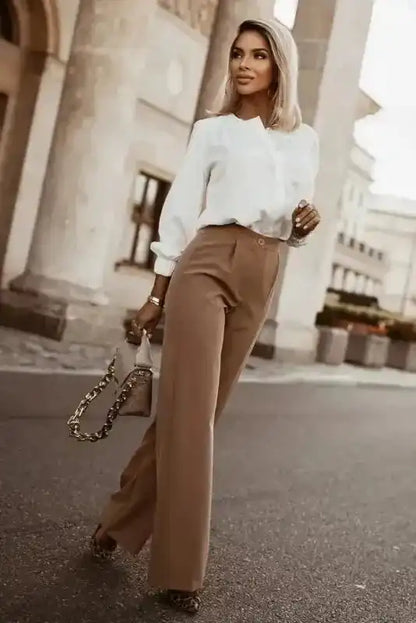 Pleated Neck Stretch Cuff Shirt