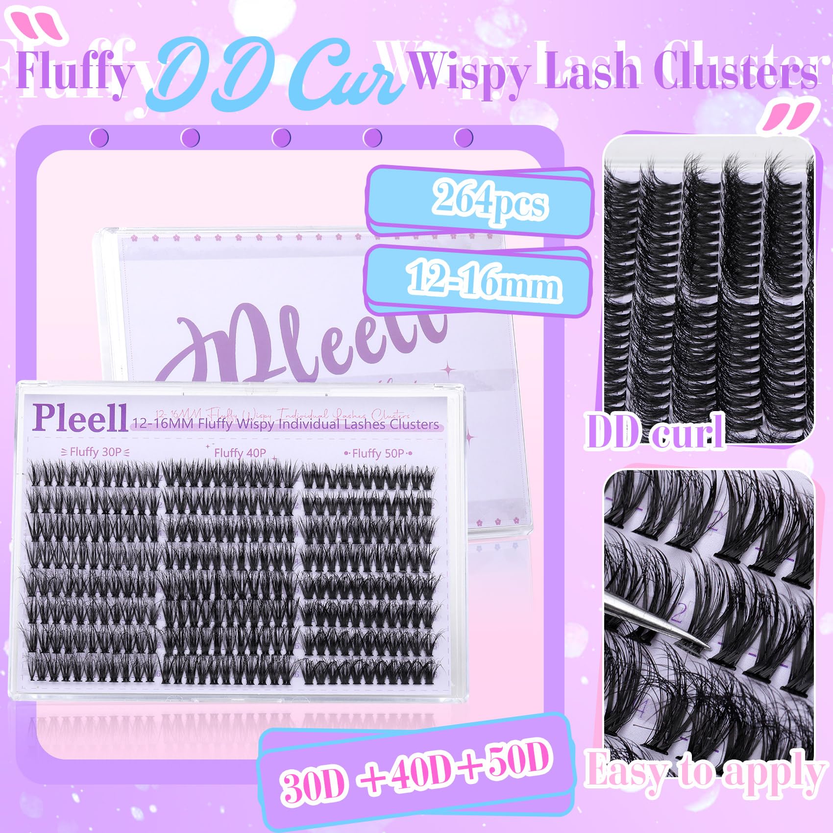Pleell Wispy Lash Clusters 30D+40D+50D Natural Eyelash Clusters 12-16MM Fluff Eyelashes Cluster Eyelash Extensions 264 Pcs Individual Lashes Clusters D Curly Soft Reusable Diy Lash Extension by Pleell