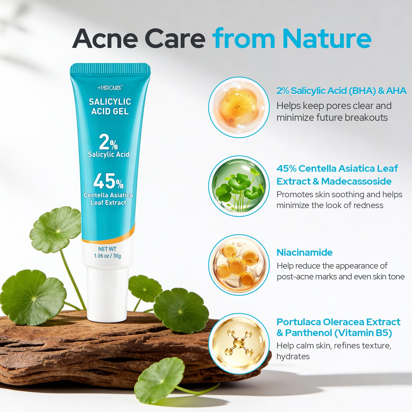 +1HEROLABS 2% Salicylic Acid Gel Serum — 45% Centella Asiatica, Pore Clarifying & Oil Balancing (Fragrance-Free)