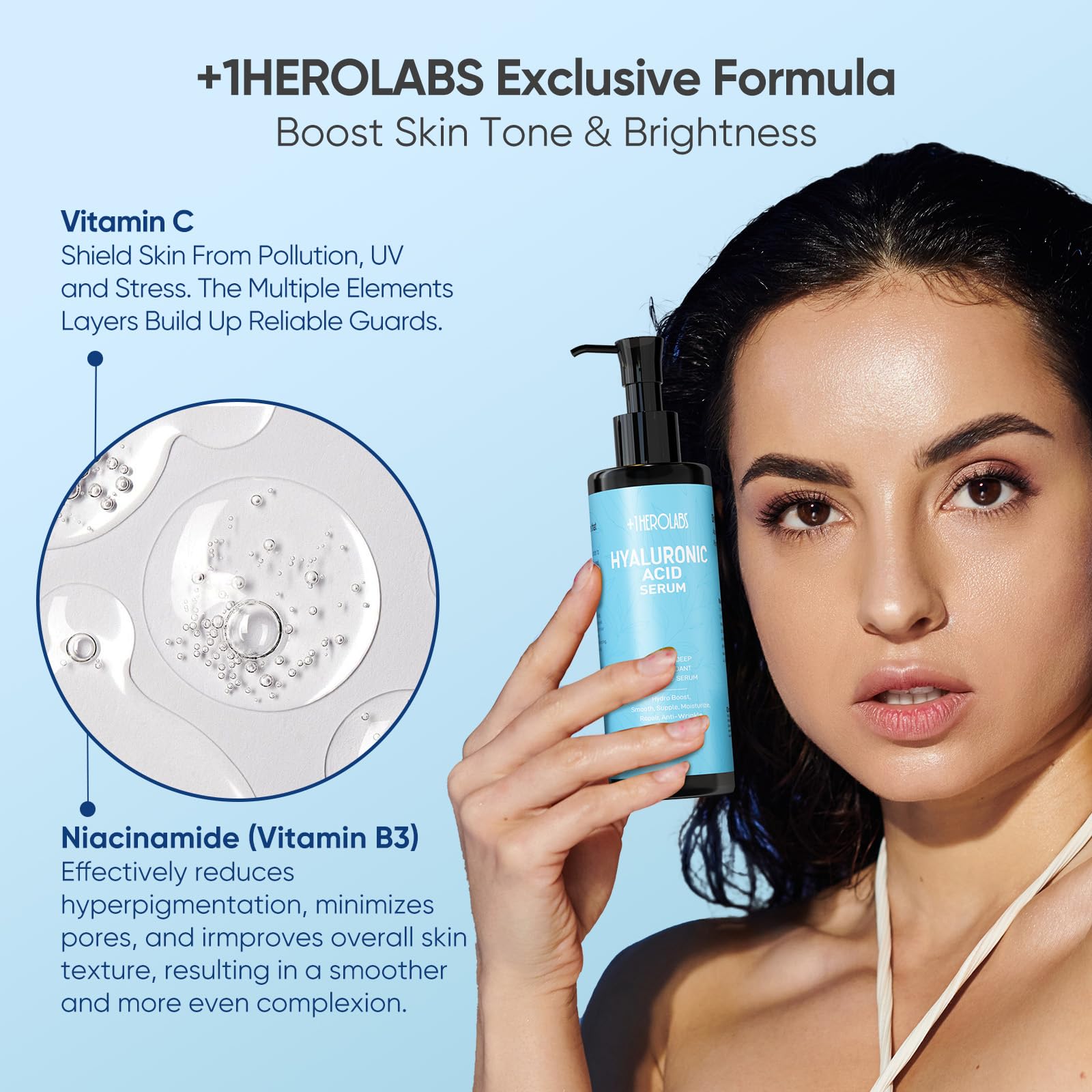+1HEROLABS Hyaluronic Acid Serum with Vitamin C, B5, E & Niacinamide — Hydrating, Fragrance-Free