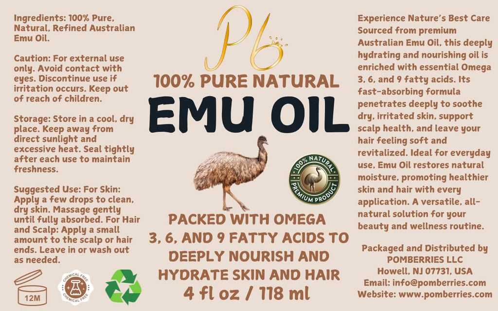 Pomberries Emu Oil - 100% Pure Australian Emu Oil, Refined & Unscented (4 oz)