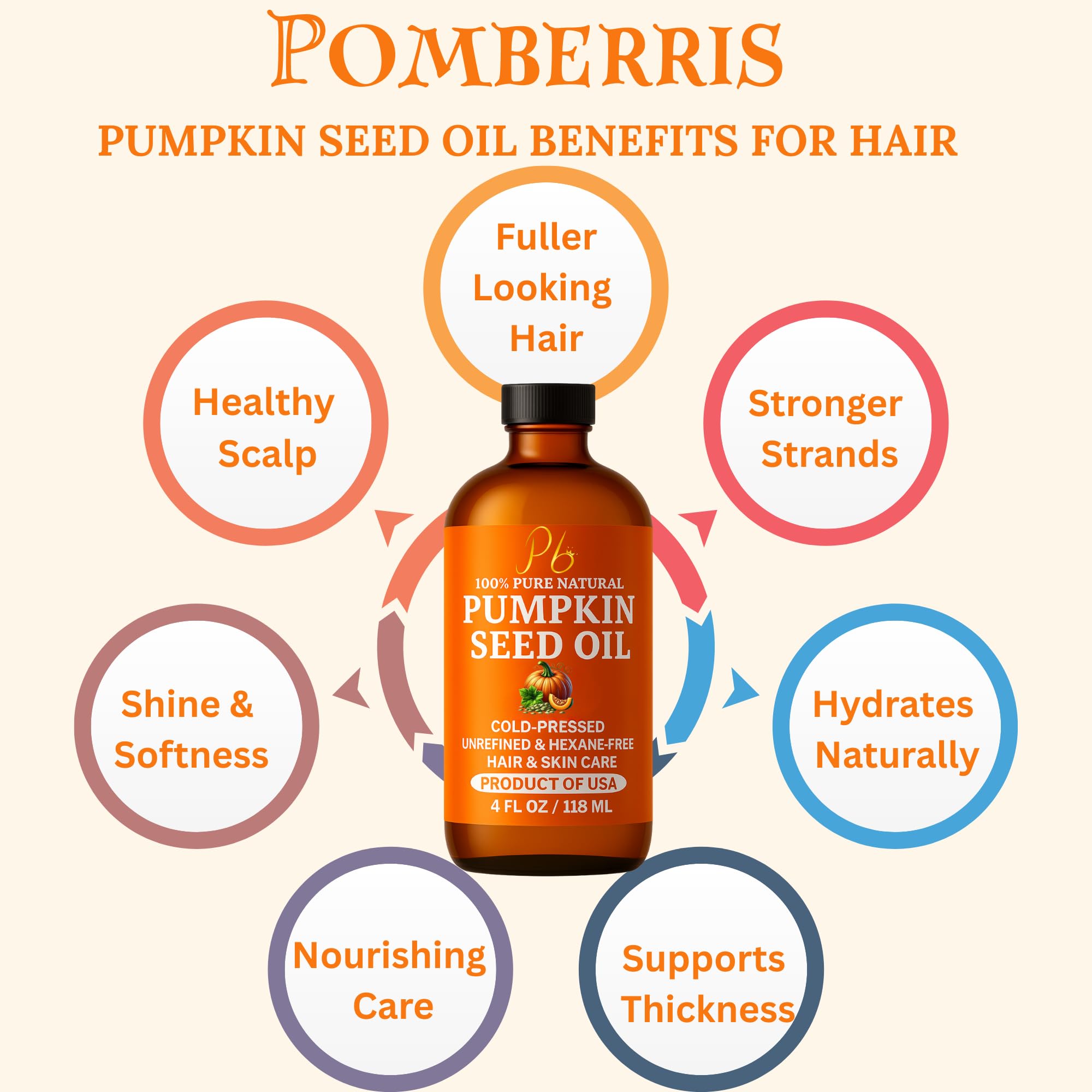 Pomberries Pumpkin Seed Oil – Cold-Pressed & 100% Pure, 4 oz Glass Bottle