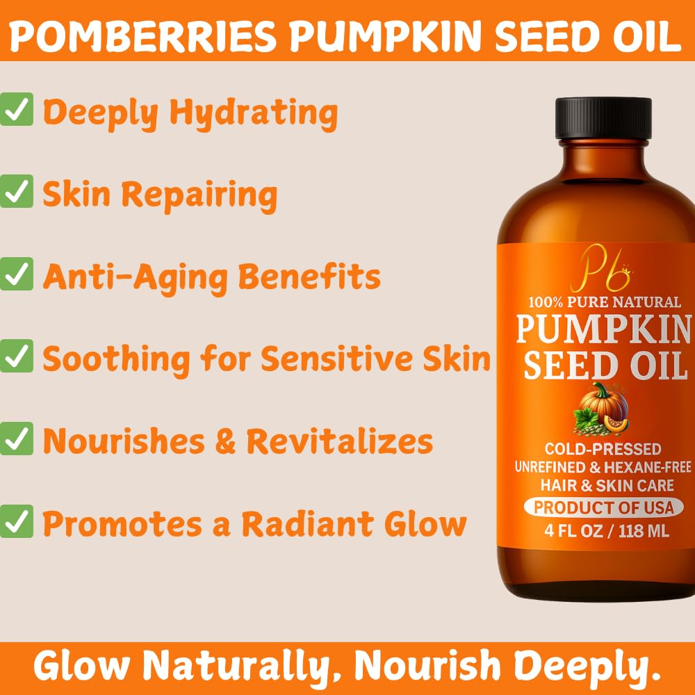 Pomberries Pumpkin Seed Oil – Cold-Pressed & 100% Pure, 4 oz Glass Bottle