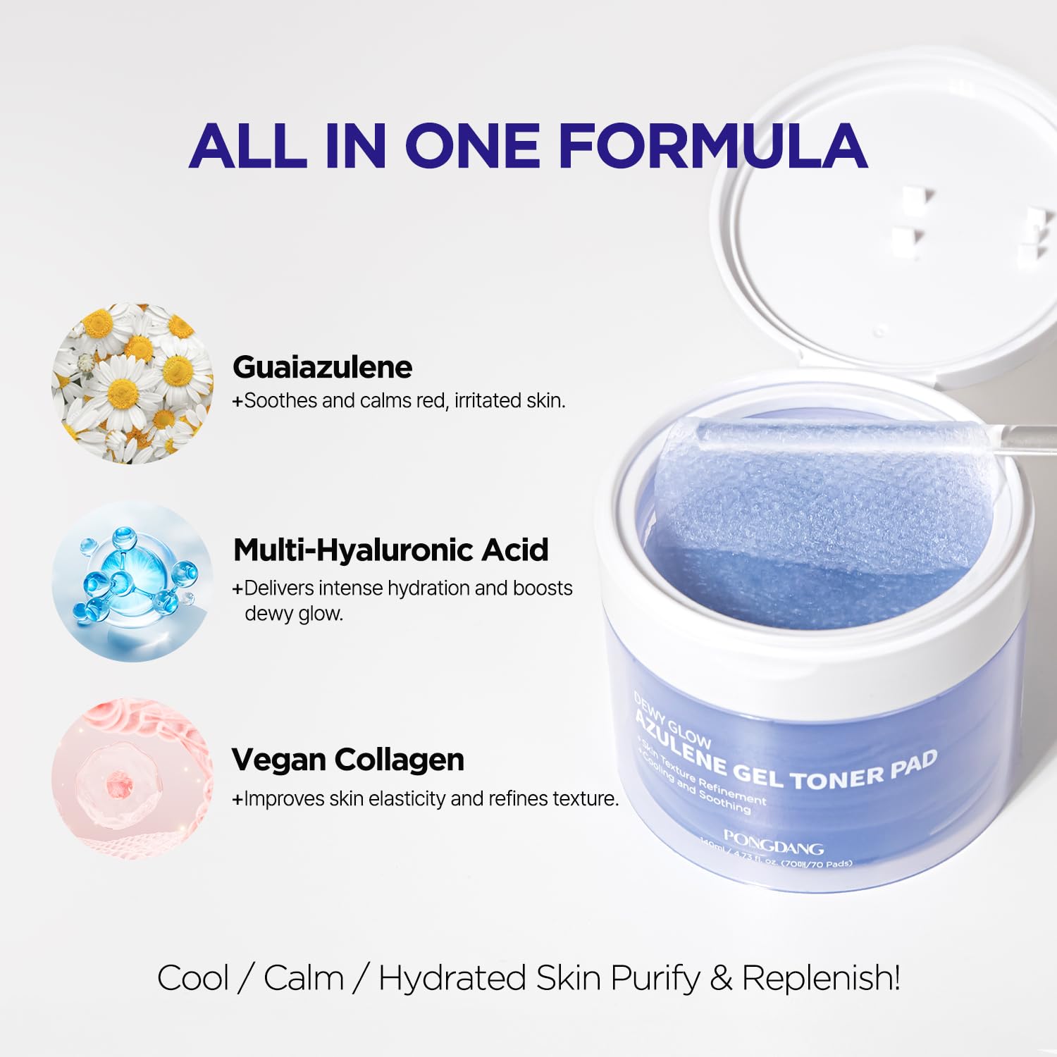 PONGDANG Dewy Glow Azulene Gel Toner Pad – Cooling & Calming 3-in-1 Toner