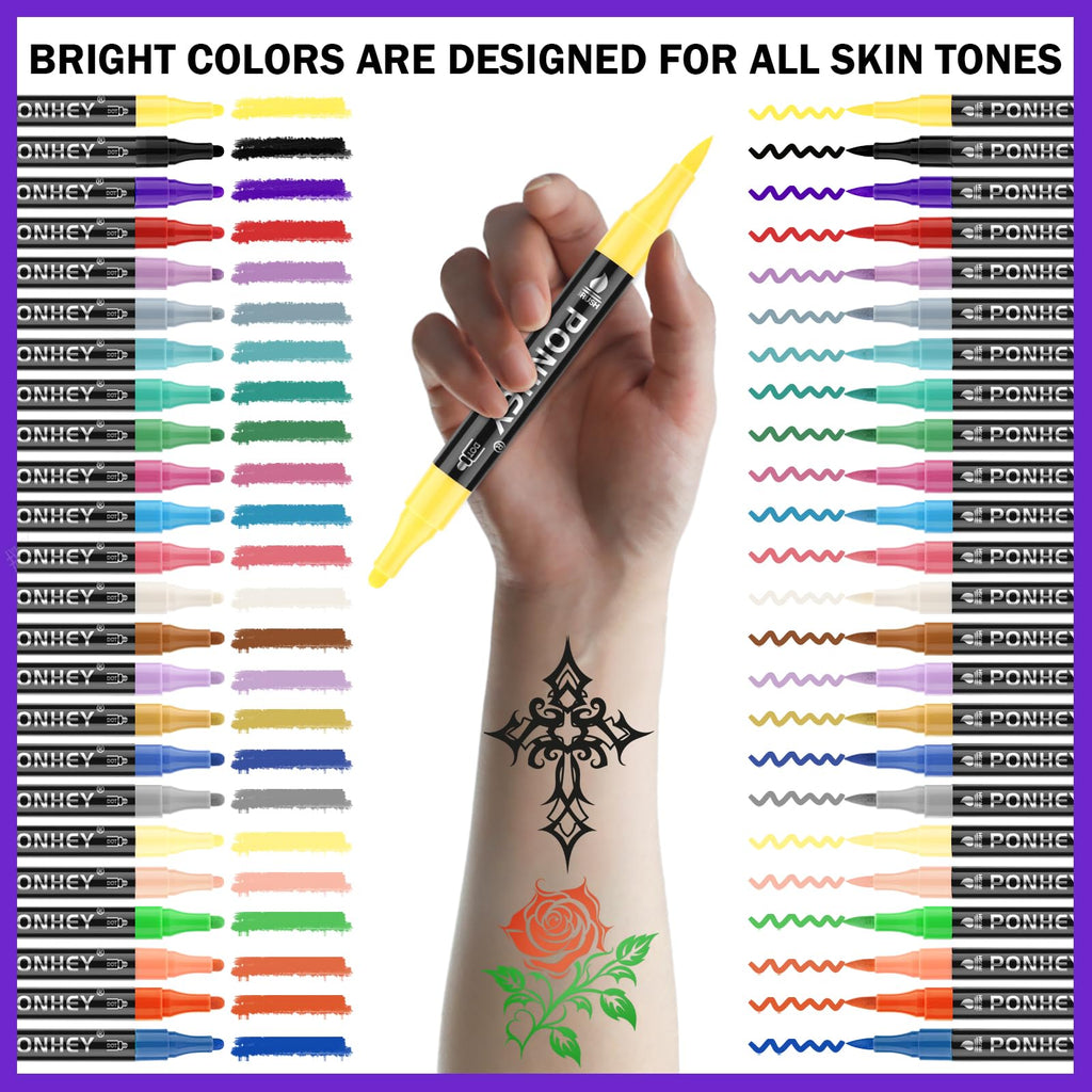 Ponhey Temporary Tattoo Markers Kit – 24 Colors, 67 Stencils, Dual-End Pens, Skin-Safe Body Art