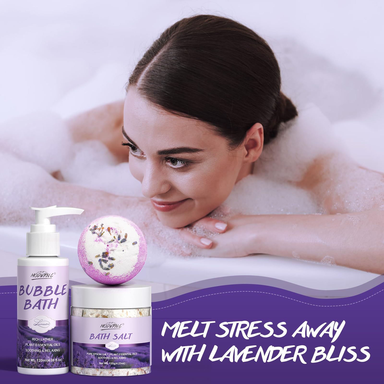 POP MODERN.C Lavender Bath Gift Set – 8-Piece Spa Kit for Women