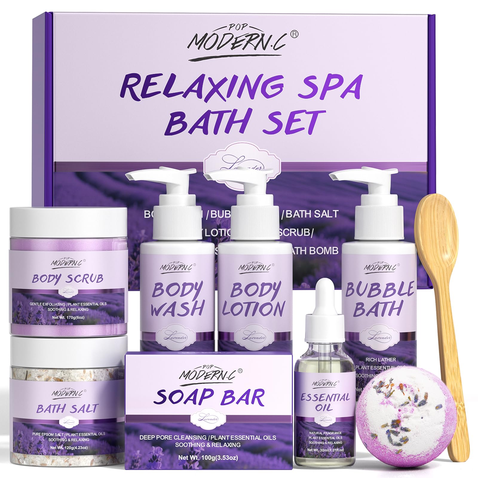 POP MODERN.C Lavender Bath Gift Set – 8-Piece Spa Kit for Women