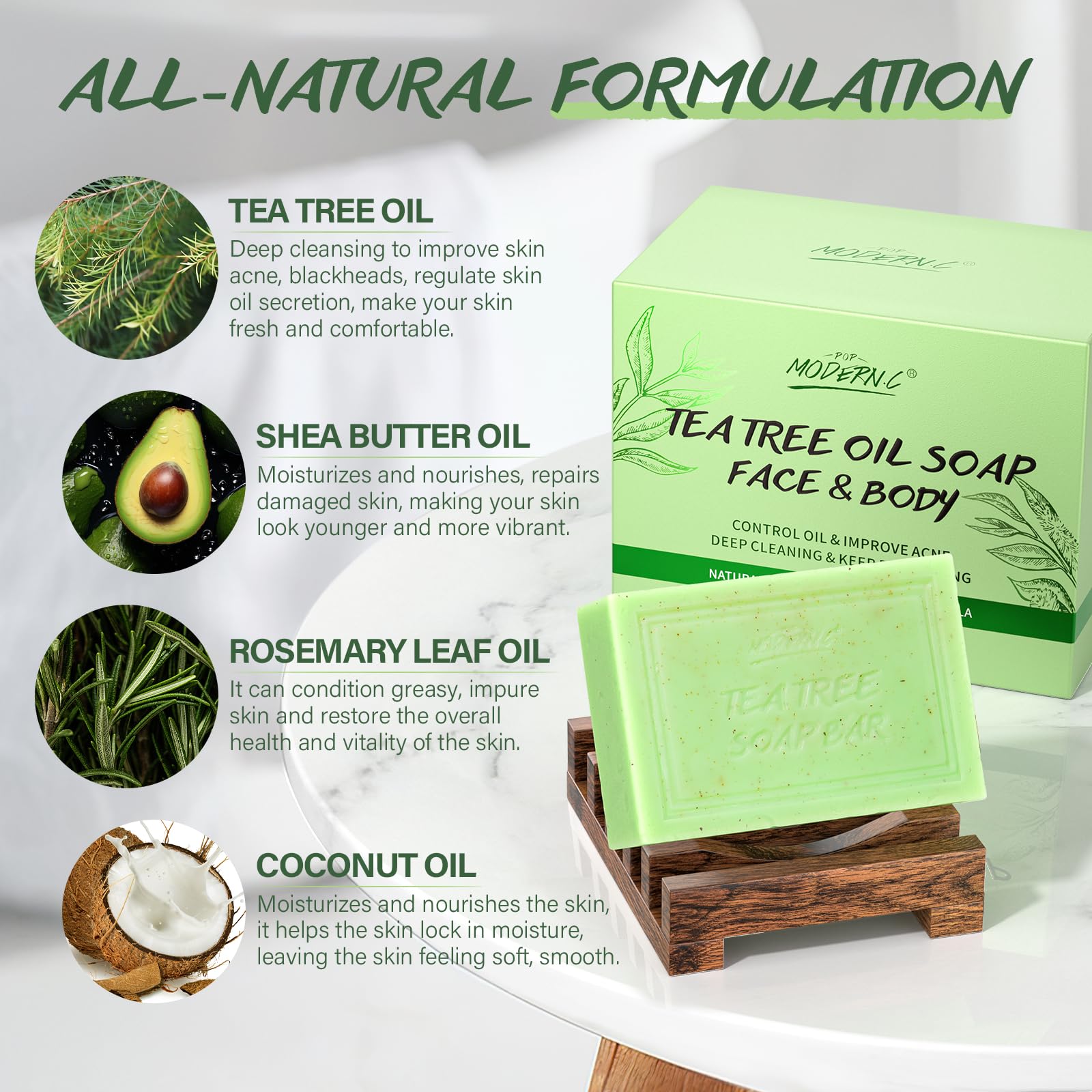 POP MODERN.C Tea Tree Oil Soap Bar – All-Natural Face & Body Wash Kit with Holder, Scrubber & Mesh Bag