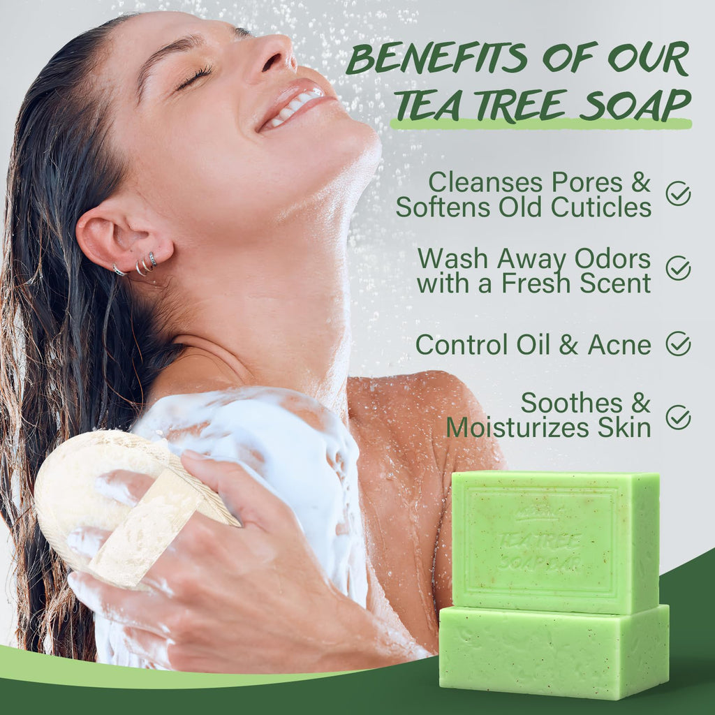 POP MODERN.C Tea Tree Oil Soap Bar – All-Natural Face & Body Wash Kit with Holder, Scrubber & Mesh Bag