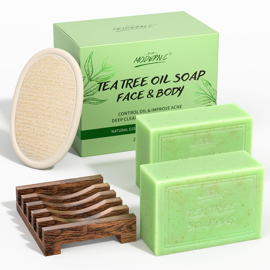 POP MODERN.C Tea Tree Oil Soap Bar – All-Natural Face & Body Wash Kit with Holder, Scrubber & Mesh Bag