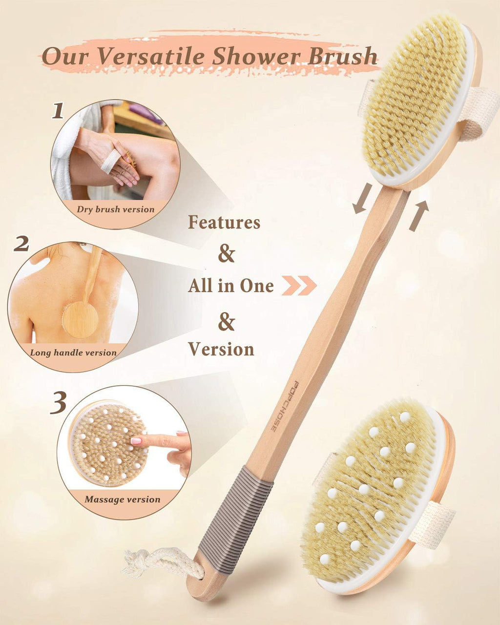 POPCHOSE Dry Brushing Body Brush – Dual-Head Back Scrubber with Long Detachable Handle