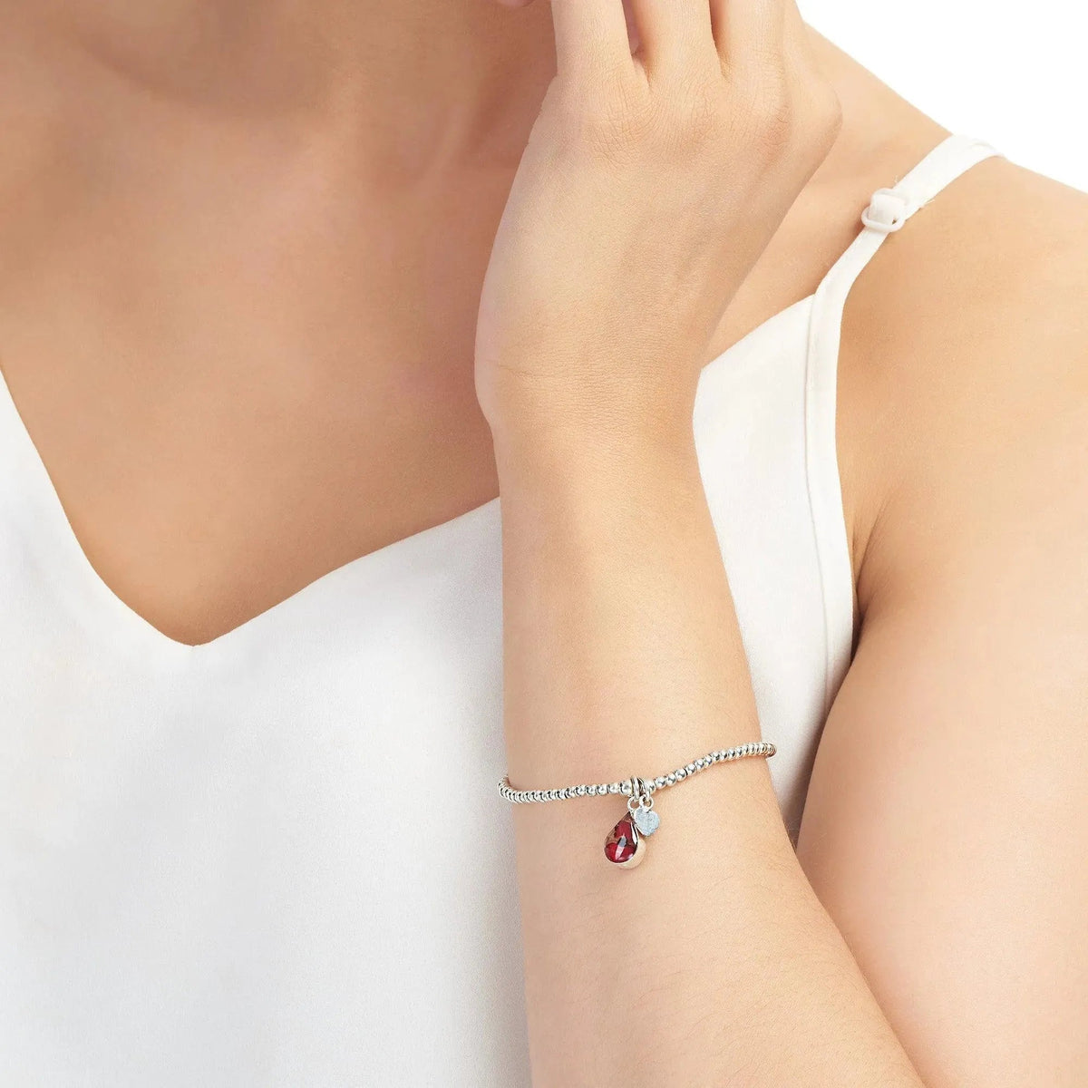 Poppy Stretch Silver Beaded Bracelet Teardrop Charm