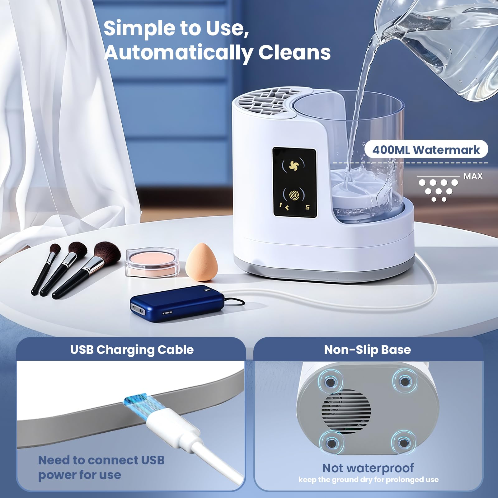 Poputra Electric Makeup Brush Cleaner Machine with Drying Function | Smart Touch & USB