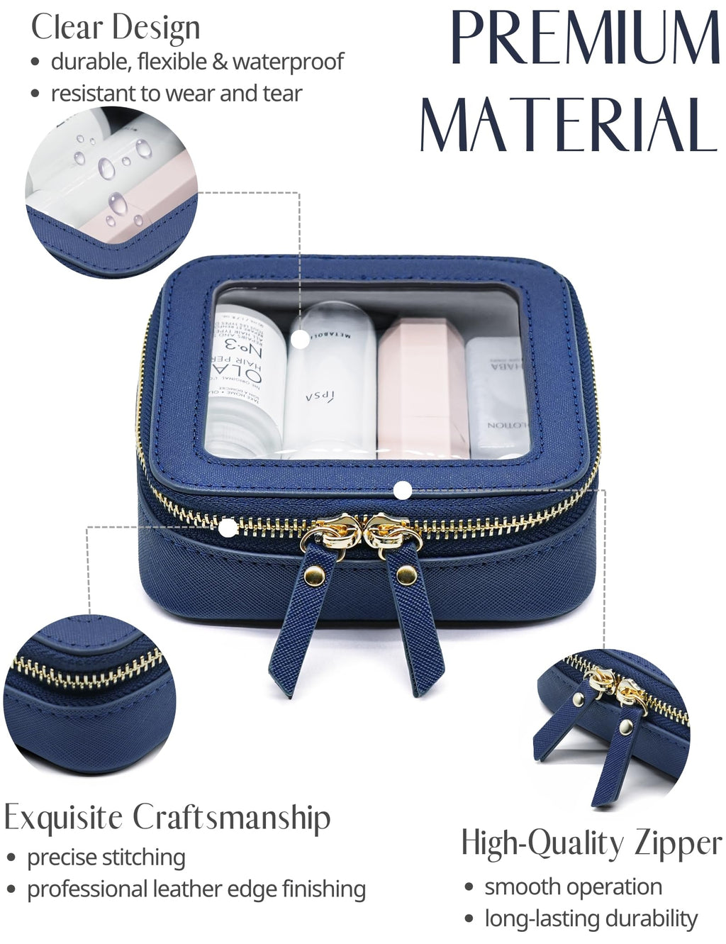 Popvibe Clear Makeup Bag with Zipper — Navy Blue Mini Pouch for Travel & Purse Organization