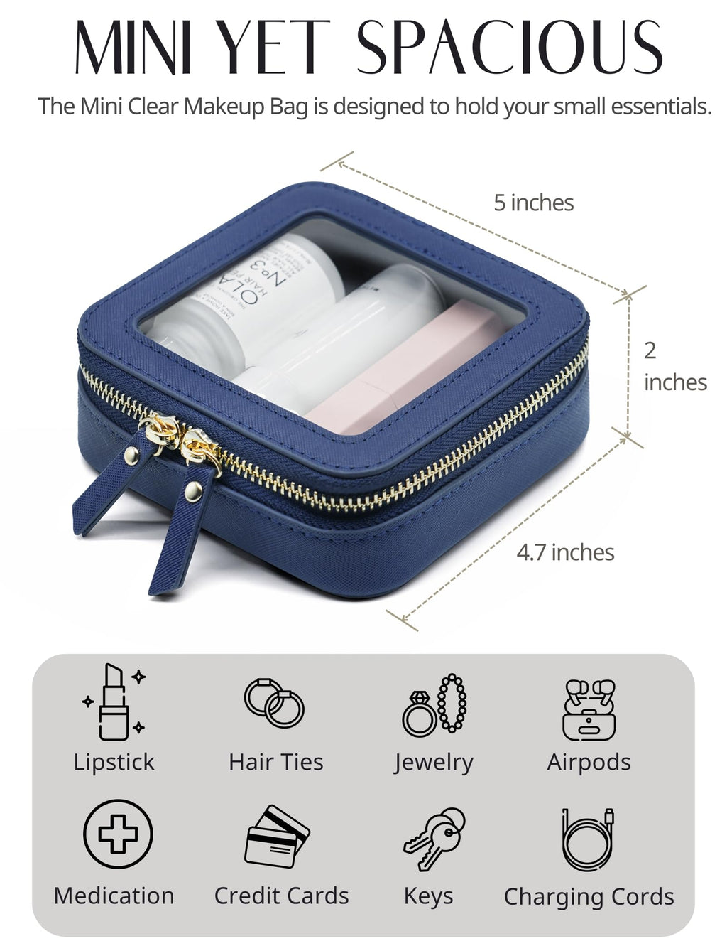 Popvibe Clear Makeup Bag with Zipper — Navy Blue Mini Pouch for Travel & Purse Organization