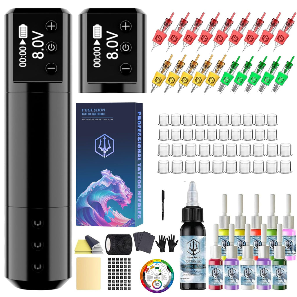 POSEIDON Cordless Tattoo Pen Kit for Beginners – LED Display, 2 Batteries & 20 Needles
