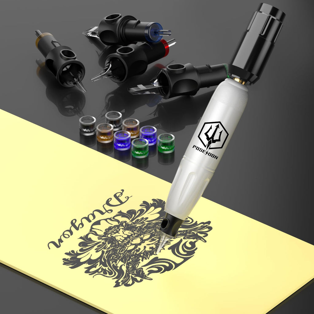 POSEIDON Wireless Rotary Tattoo Machine Kit – 20 Cartridges, Ink Set & Dual Battery Pack | Beginner Friendly