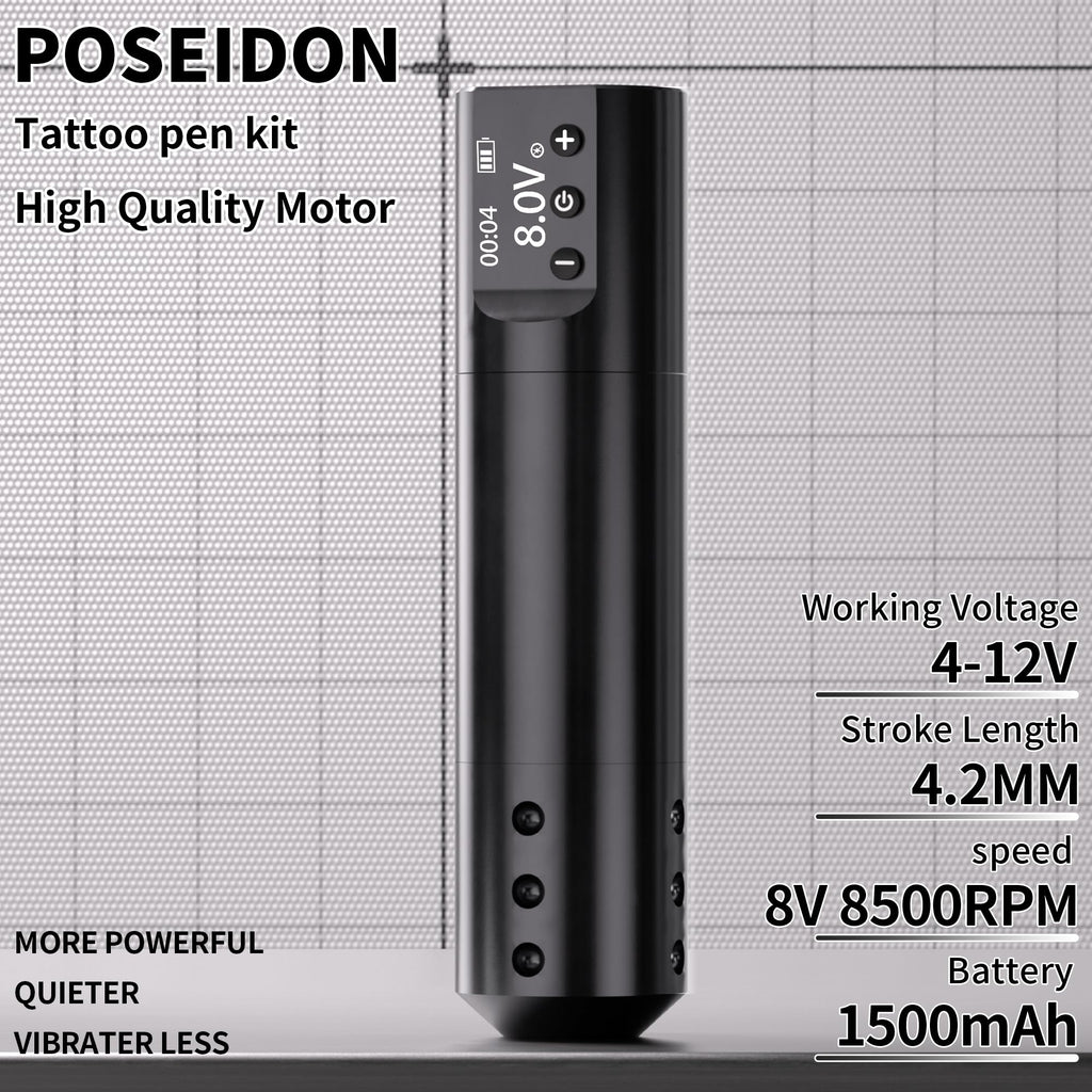 POSEIDON Cordless Tattoo Pen Kit for Beginners – LED Display, 2 Batteries & 20 Needles