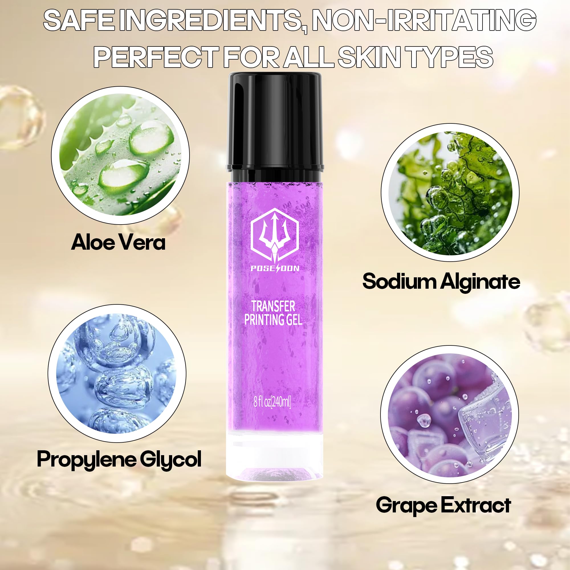 POSEIDON Tattoo Stencil Transfer Gel — 8 oz / 240 ml, Long-Lasting & Smudge-Proof for Paper & Machines (Juicy Grape Scent)