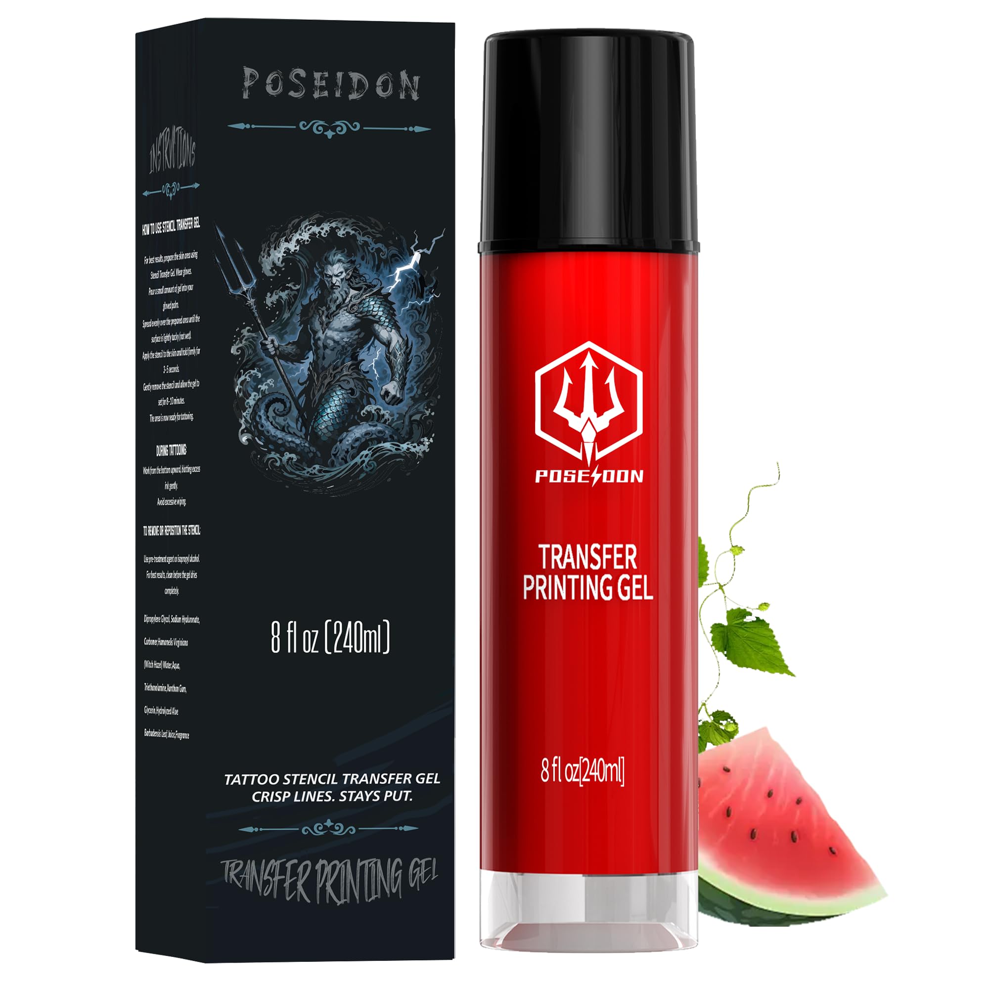POSEIDON Tattoo Stencil Transfer Gel — 8 oz, Long-Lasting & Smudge-Proof, Watermelon Scent