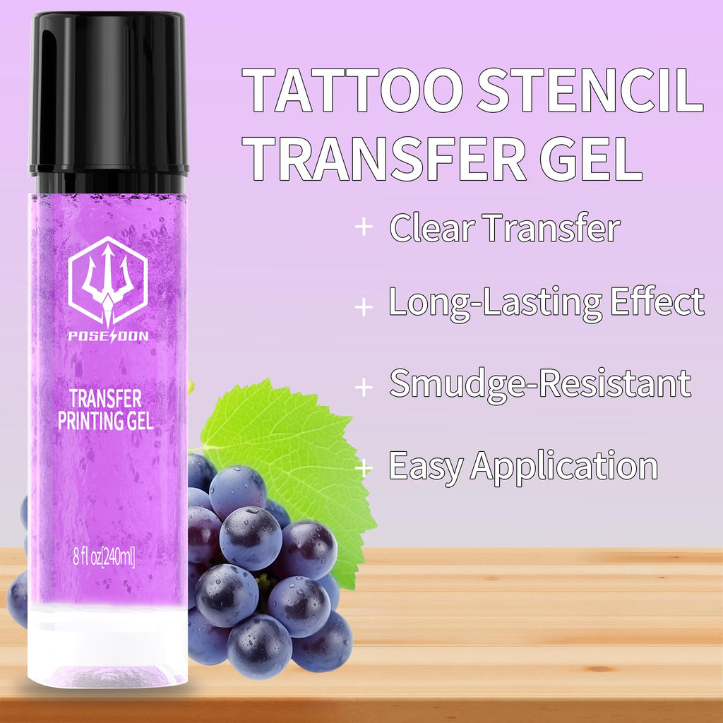 POSEIDON Tattoo Stencil Transfer Gel — 8 oz / 240 ml, Long-Lasting & Smudge-Proof for Paper & Machines (Juicy Grape Scent)