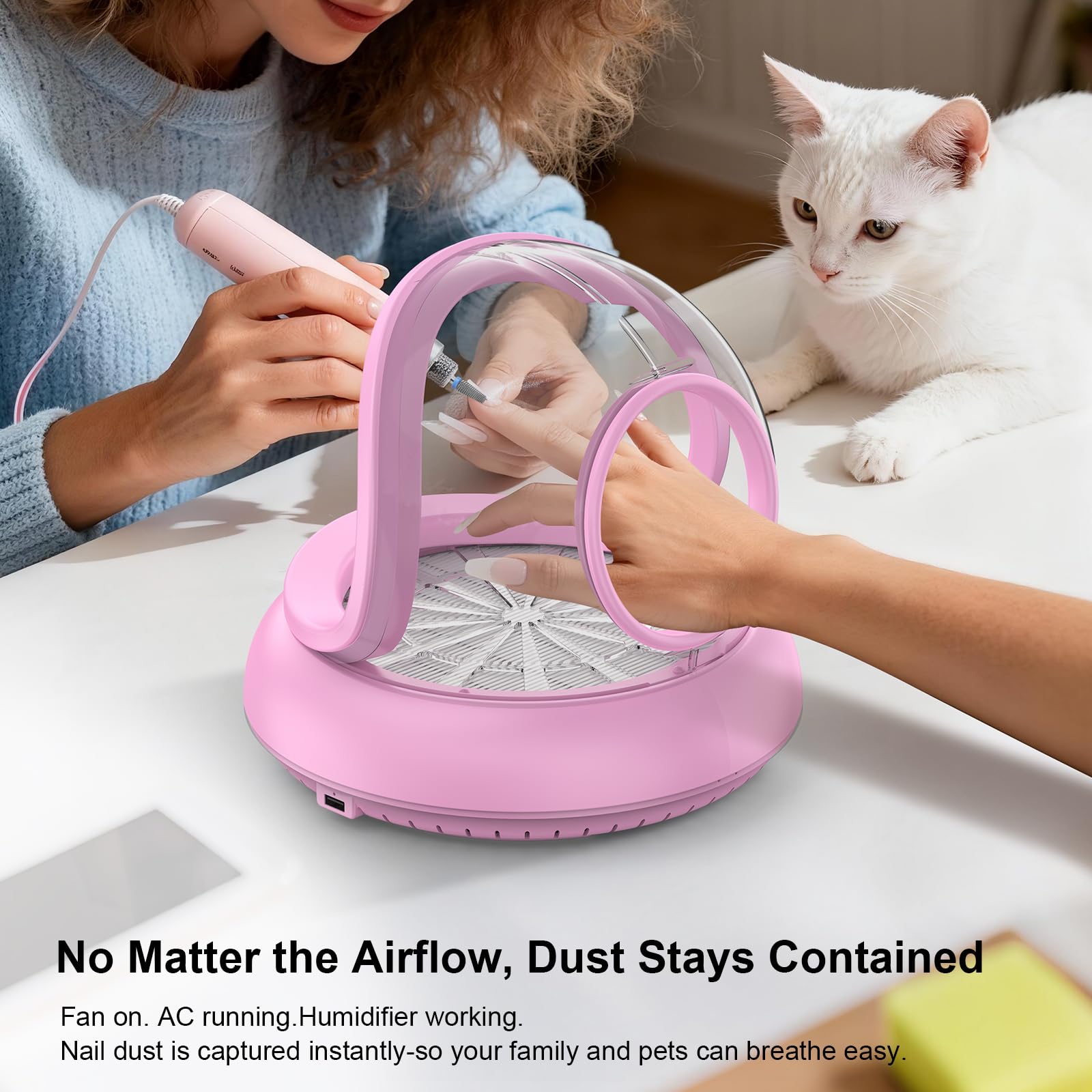 PowCube Nail Dust Collector with Transparent Airflow Shield – 5000RPM Ultra Quiet Vacuum (Pink)