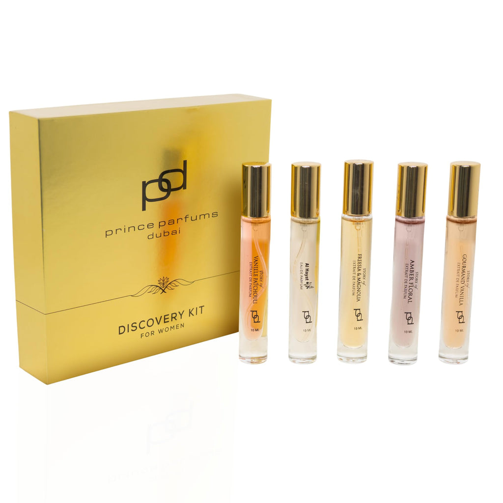 Prince Parfums Dubai Women’s Discovery Kit – 5 x 10ml Extrait & EDP Sprays (Al Hayat, Vanille Patchouli, Freesia Magnolia, Gourmand Vanilla, Amber Floral)