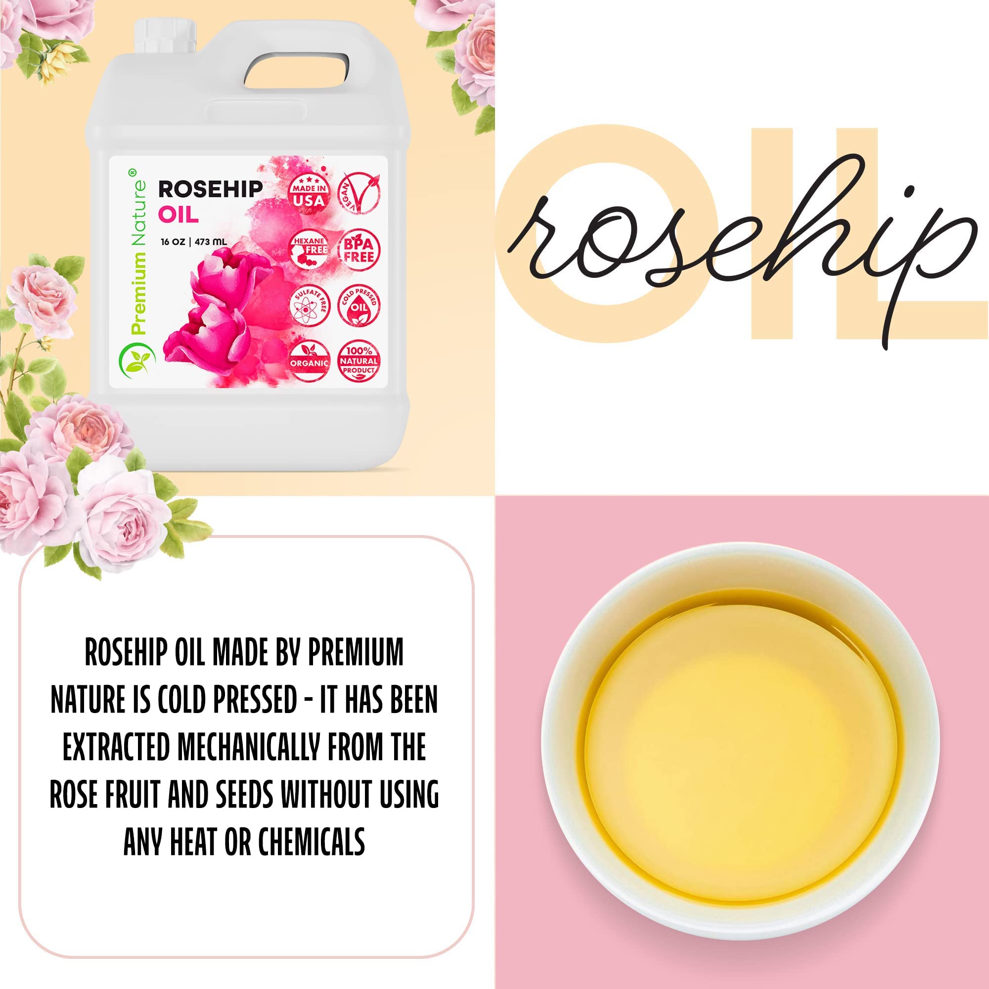 Premium Nature Rosehip Oil – Cold-Pressed 16oz, Organic, Unrefined Seed Oil for Skin, Hair & Nails