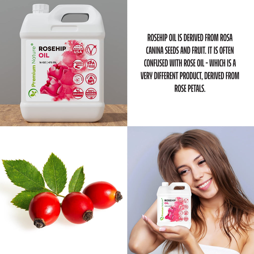 Premium Nature Rosehip Oil – Cold-Pressed 16oz, Organic, Unrefined Seed Oil for Skin, Hair & Nails