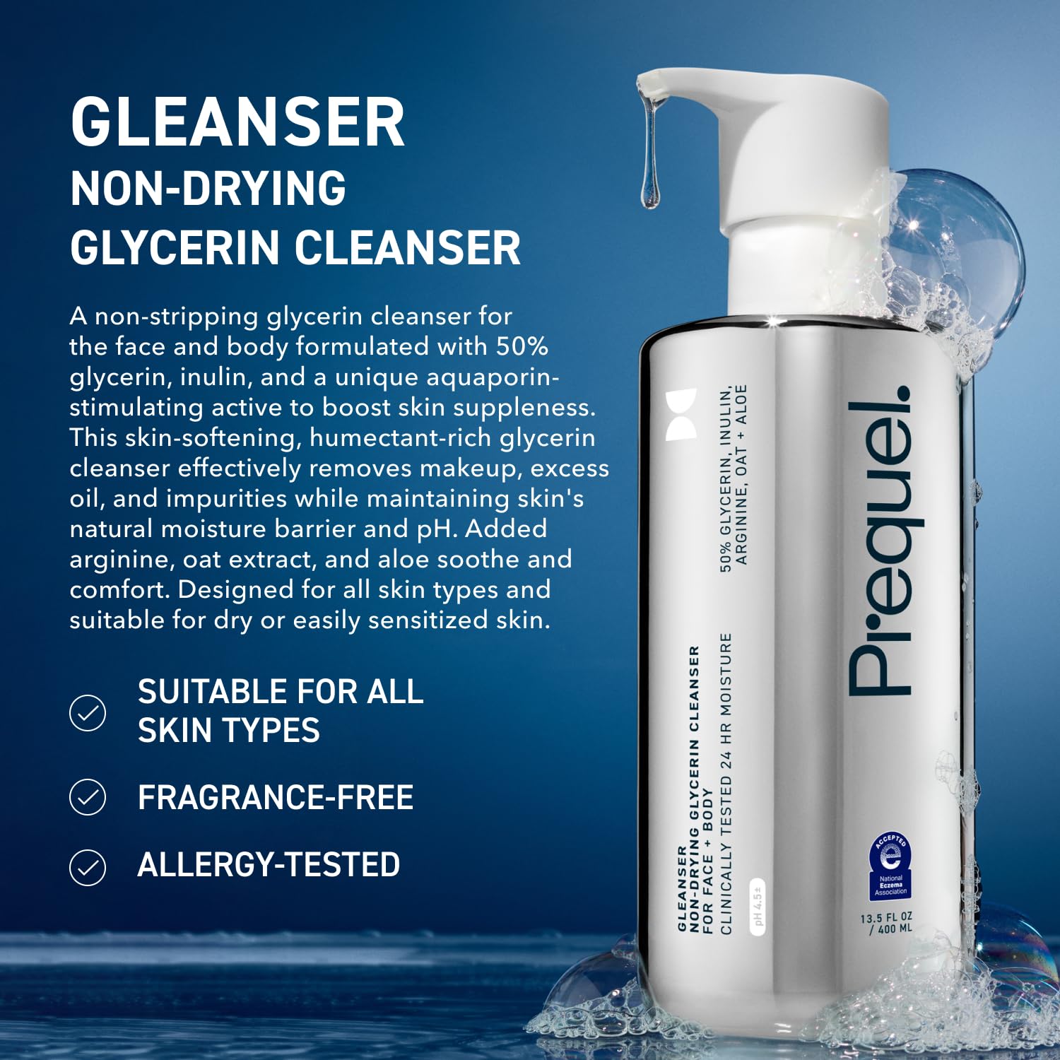 Prequel Gleanser — Moisturizing Glycerin Face Wash, Unscented for Sensitive Skin (2×6.75 fl oz)
