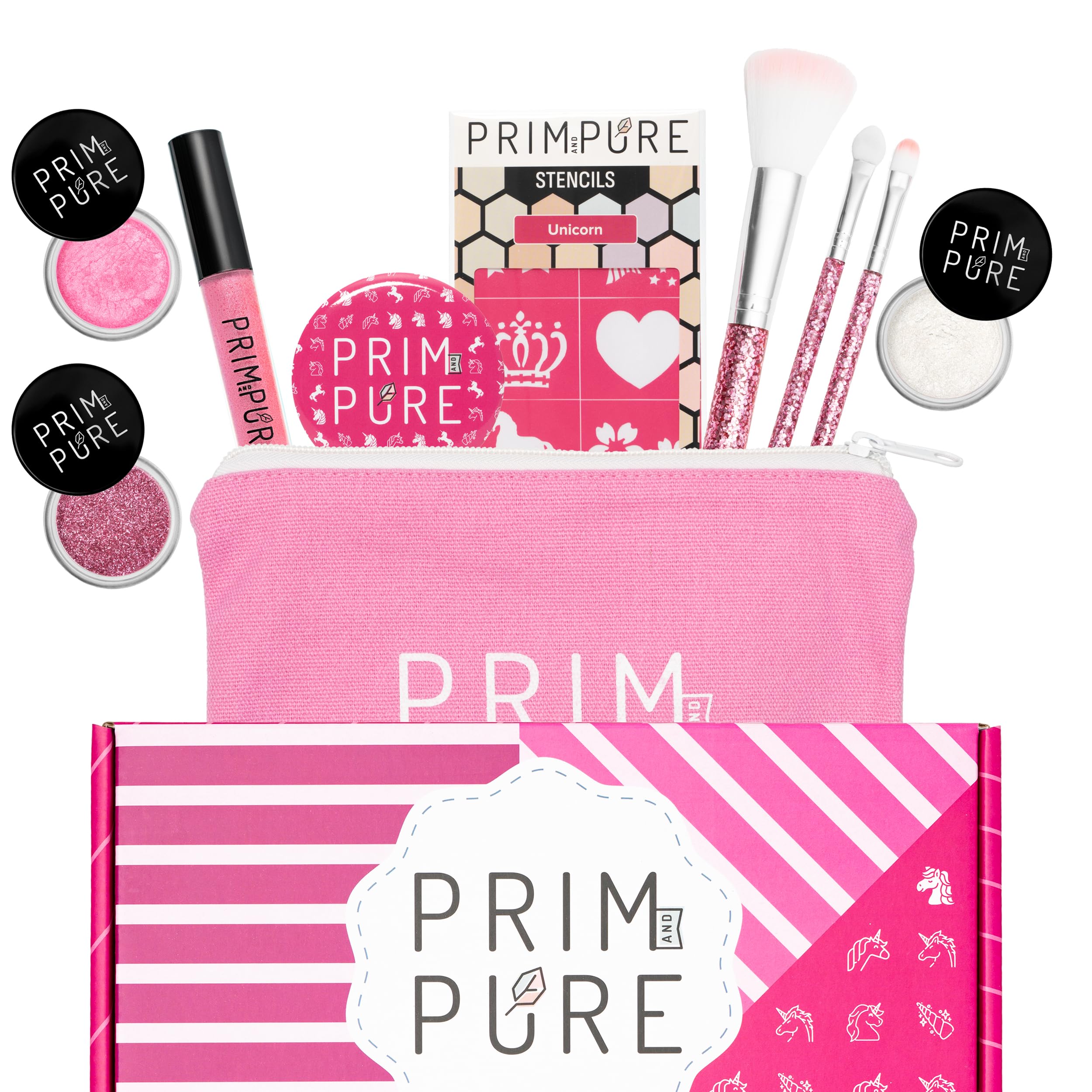 Prim and Pure Kids Makeup Gift Set – Unicorn Pink with Stencil, Bioglitter Lip Gloss, Eyeshadow & Mirror