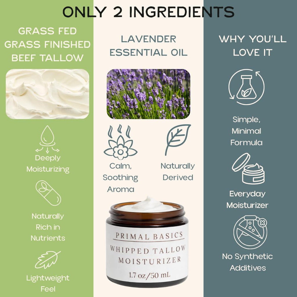 Primal Basics Lavender Beef Tallow Moisturizer – 100% Grass-Fed, Grass-Finished, Whipped, USA Made