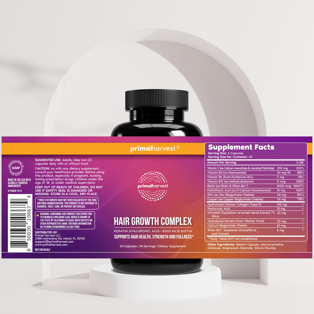 Primal Harvest Hair Growth Vitamins – 60 Capsules with Biotin, Zinc & Type II Collagen