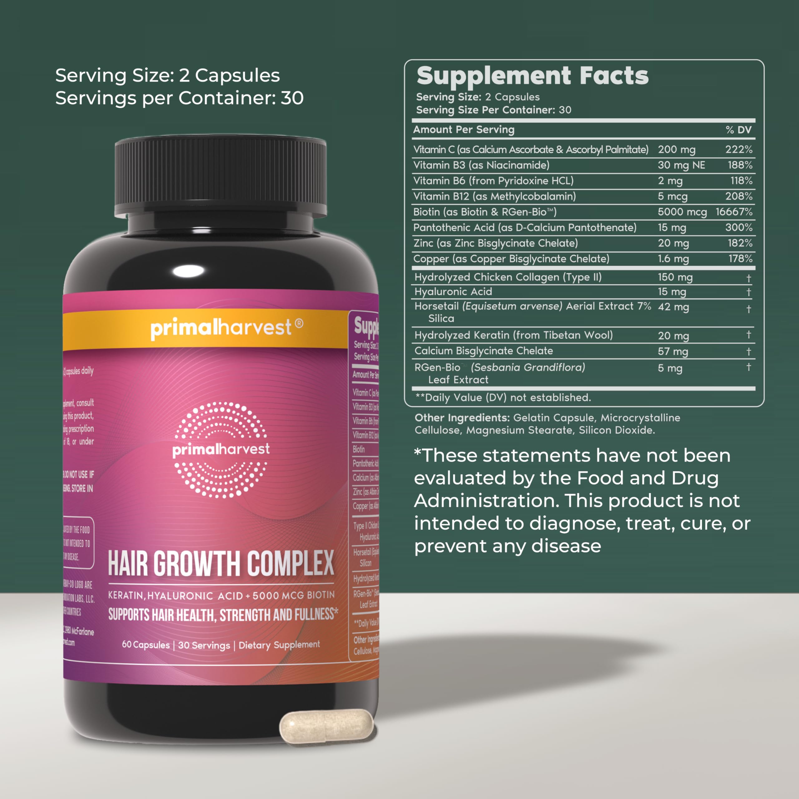 Primal Harvest Hair Growth Vitamins – 60 Capsules with Biotin, Zinc & Type II Collagen