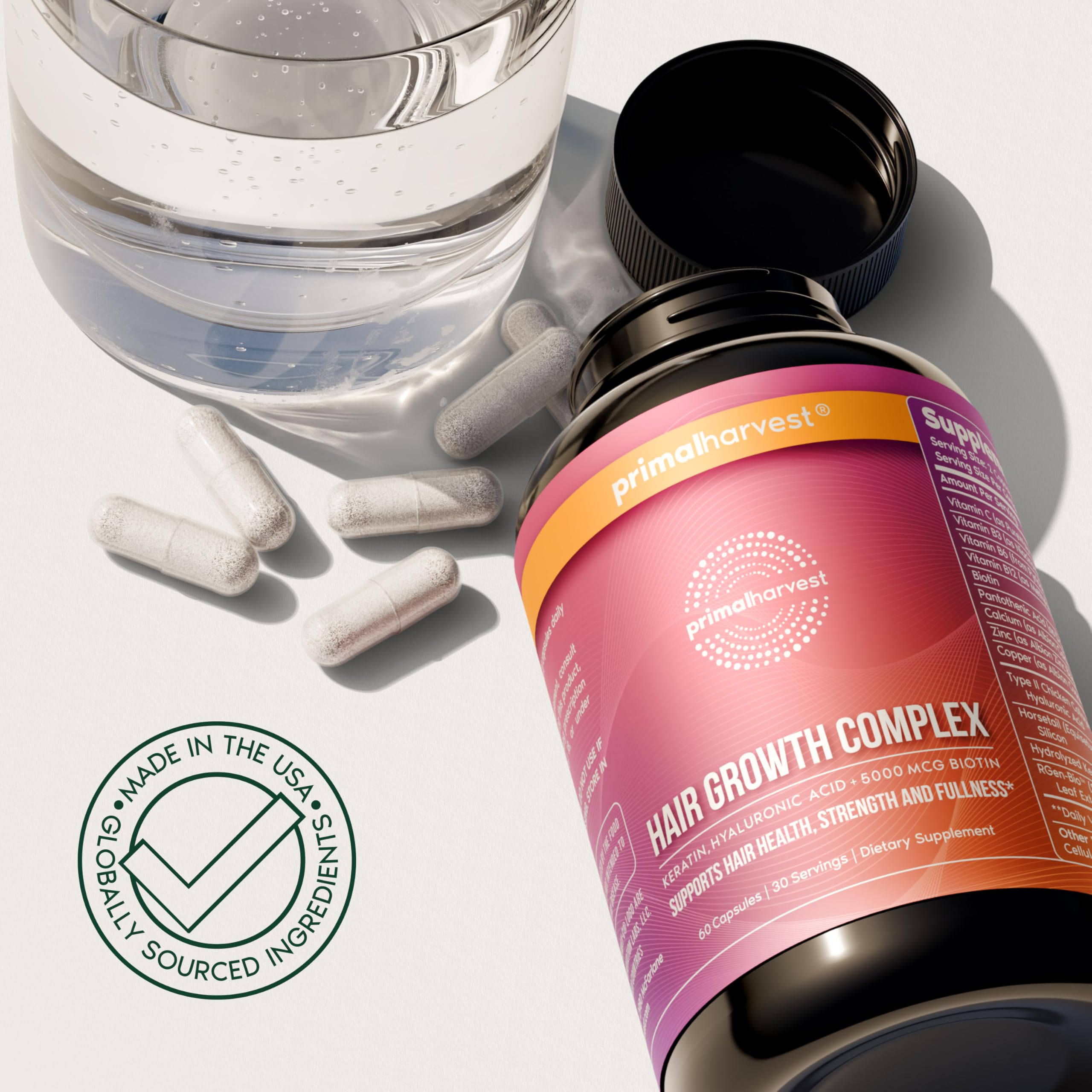Primal Harvest Hair Growth Vitamins – 60 Capsules with Biotin, Zinc & Type II Collagen