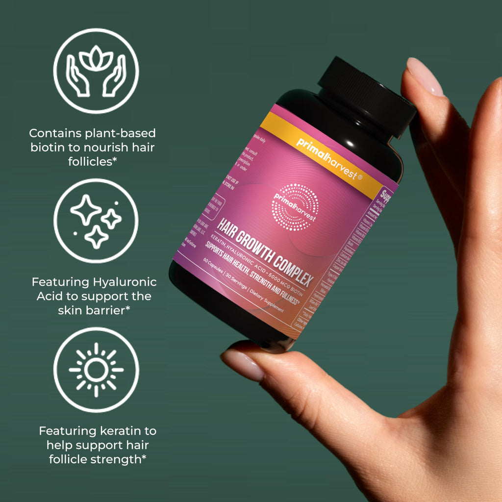 Primal Harvest Hair Growth Vitamins – 60 Capsules with Biotin, Zinc & Type II Collagen