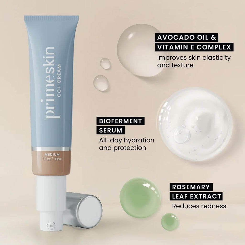 PrimePrometics PrimeSkin CC+ Cream for Mature Skin – Lightweight Liquid-to-Powder Foundation | Blur Pores, Cover Age Spots (Light)