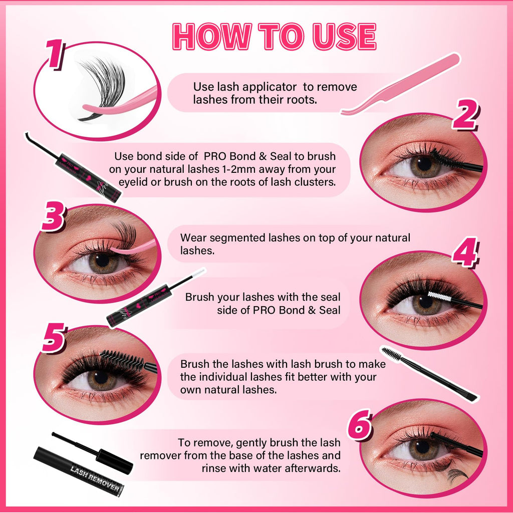 PRO LASHBEAUTY Lash Clusters Kit 80D+100D Spikes 3D Style — DIY Home Lashes with Bond, Seal, Remover & Tweezers