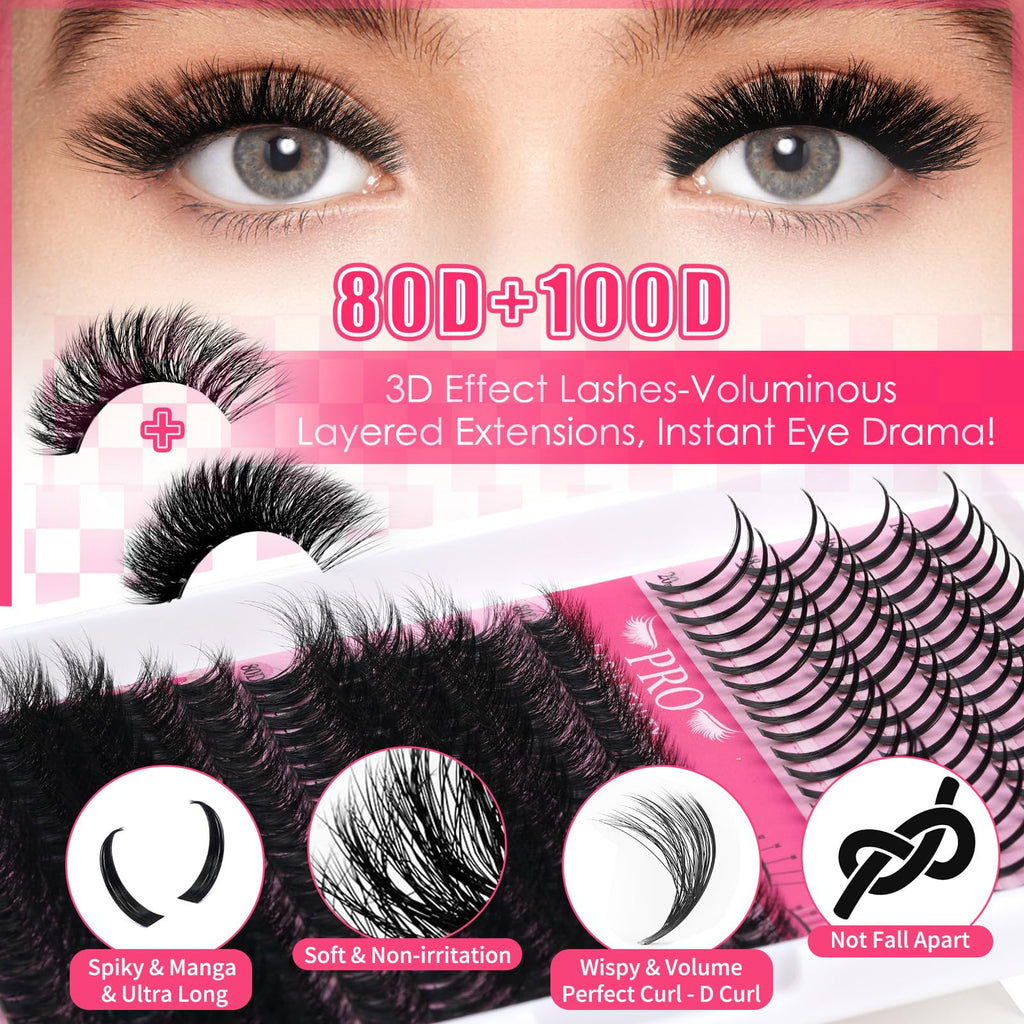 PRO LASHBEAUTY Lash Clusters Kit 80D+100D Spikes 3D Style — DIY Home Lashes with Bond, Seal, Remover & Tweezers