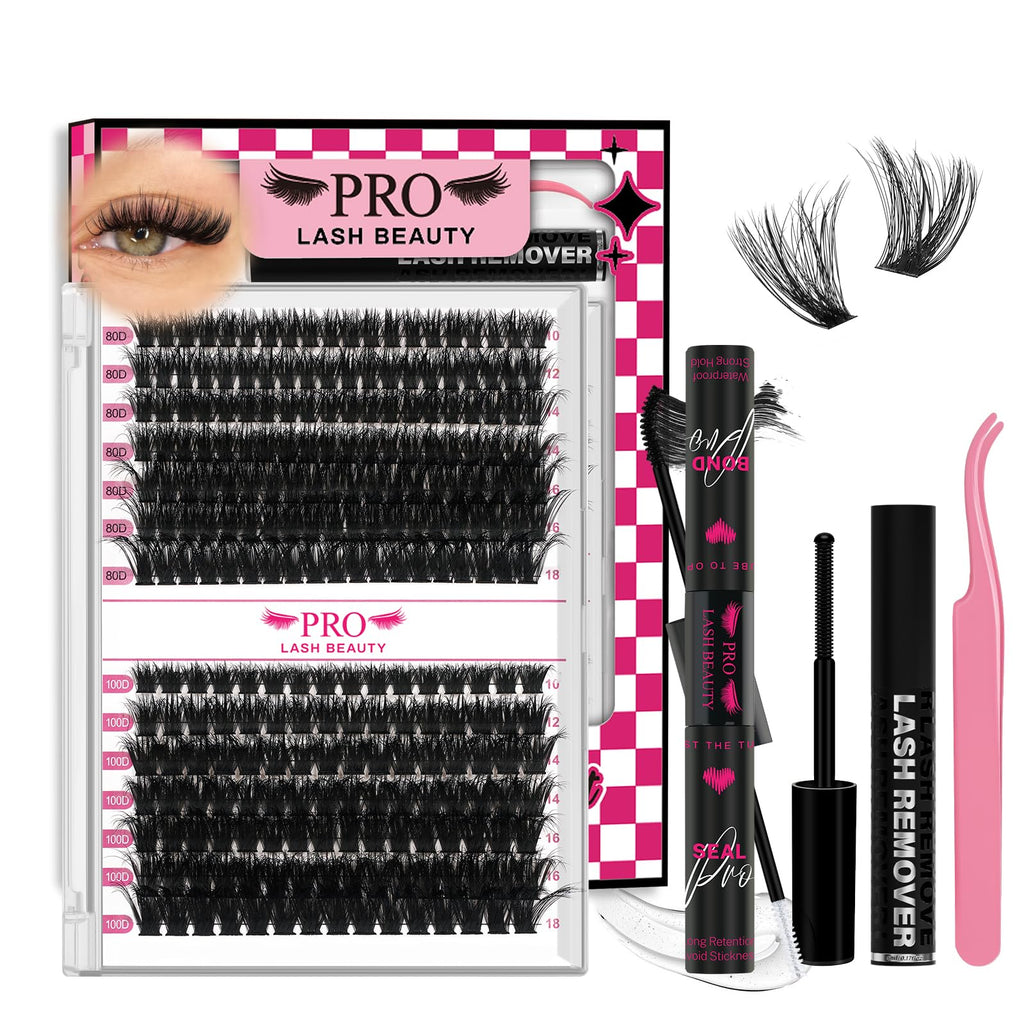 PRO LASHBEAUTY Lash Clusters Kit – 3D DIY Eyelash Extensions with Bond & Seal (80D+100D Mix)